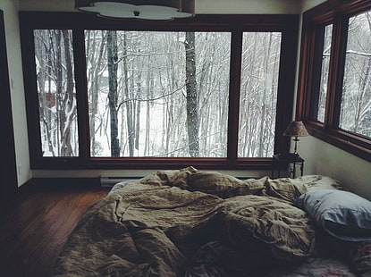 снег, кровать, спальня, HD обои HD wallpaper