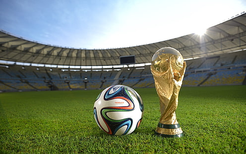 pallone da calcio bianco, nero e arancione, Coppa del Mondo FIFA, Brasile, stadio, calcio, palloni, Sfondo HD HD wallpaper