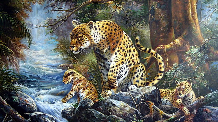Panthers In The Wild, harimau, habitat, anaknya, kucing besar, alam, margasatwa, singa, kucing kecil, bintik-bintik, jaguar, macan tutul, hewan, Wallpaper HD