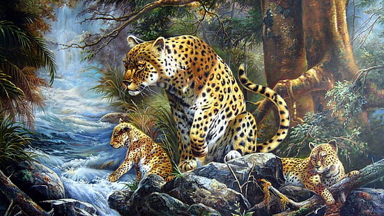 Pantery na wolności, tygrys, siedlisko, młode, duże koty, natura, dzikie zwierzęta, lew, małe koty, plamy, jaguar, lamparty, zwierzęta, Tapety HD HD wallpaper