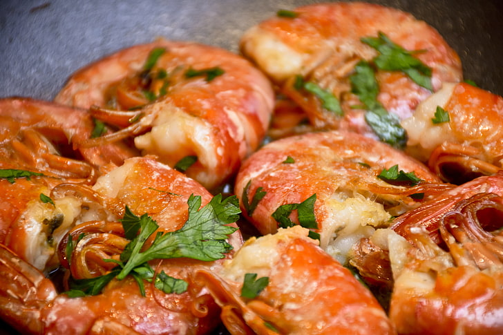 cooked shrimp, shrimp, yummy, fried, greens, HD wallpaper