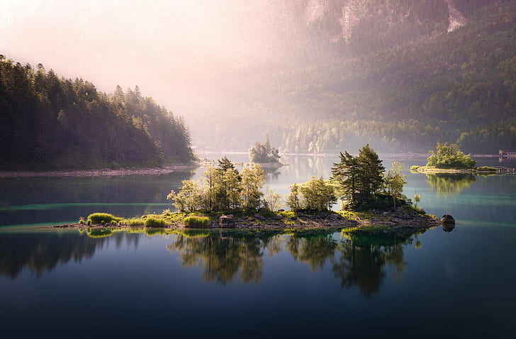 Lake islands, Lake, mountains, forest, trees, islands, HD wallpaper