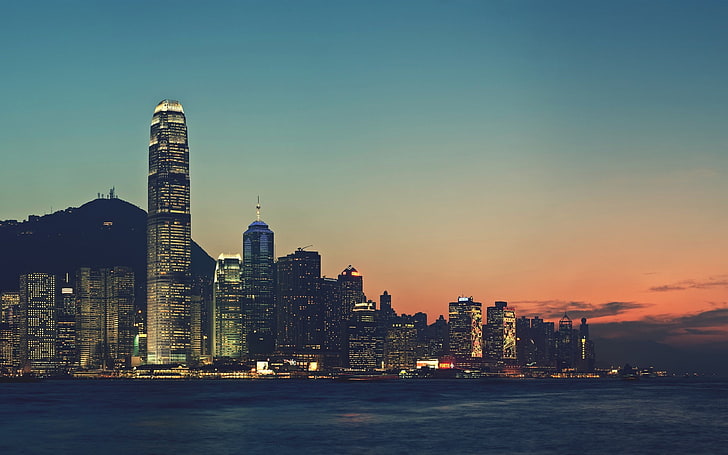 фотография, море, вода, городские, город, здания, городской пейзаж, Гонконг, закат, HD обои