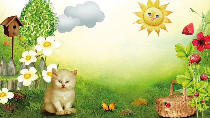 Kittens Heavenly Garden, strawberries, flowers, trees, field, bird house, ladybug, clouds, bird feeder, sunshine, kitten, HD wallpaper