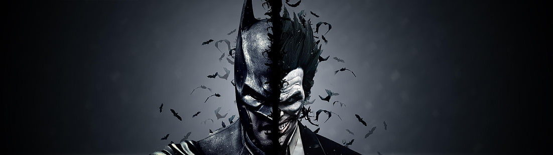Бэтмен, джокер, двойной монитор, темный фон, HD обои HD wallpaper
