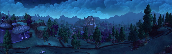 цифровые обои, замок в окружении деревьев, World of Warcraft, Долина Призрачной Луны, Warlords of Draenor, HD обои
