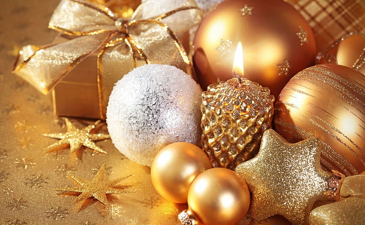 елочные украшения, свеча, золото, звезда, подарок, новый год, рождество, елочные украшения, свеча, золото, звезда, подарок, новый год, рождество, HD обои