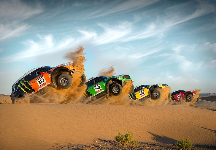Mini Cooper, sabbia, Rally, salto, corsa, auto, veicolo, Sfondo HD