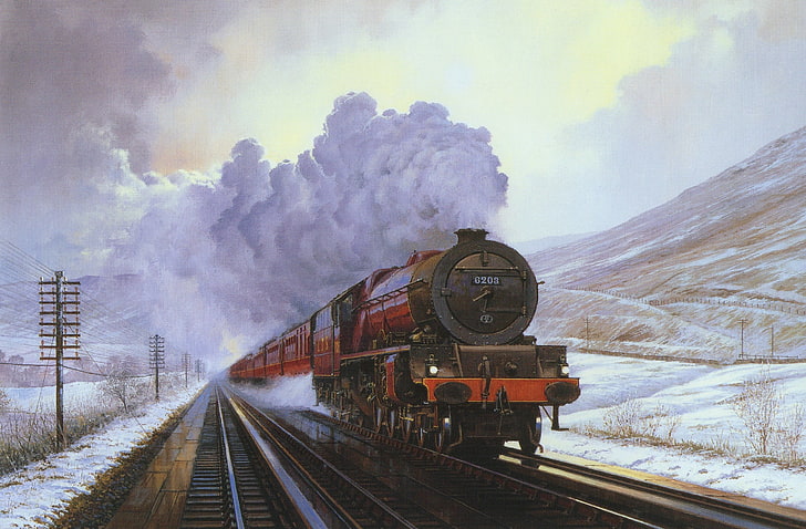 красно-чёрный поезд, поезд, снег, зима, живопись, холст, дым, HD обои