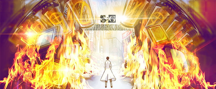 yellow and red plastic pack, Steins;Gate, Okabe Rintarou, anime, fire, cityscape, HD wallpaper