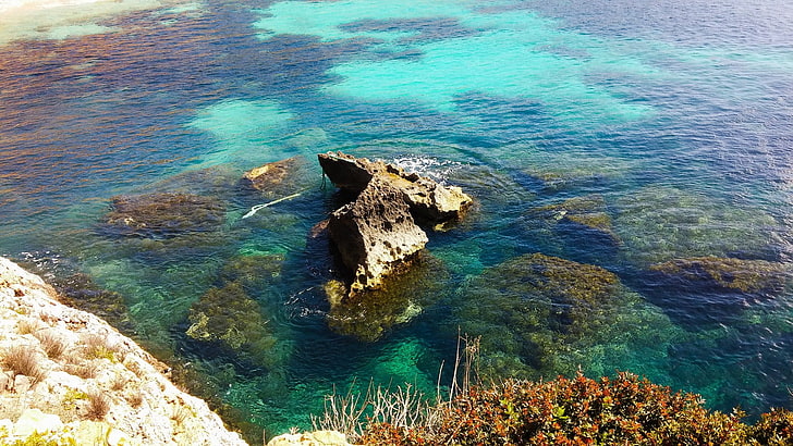 синя и кафява абстрактна живопис, скала, море, крайбрежие, вода, природа, HD тапет