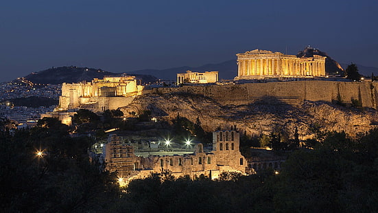 acropolis, athens, cities, cityscapes, greece, historic, mountains, night, parthenon, HD wallpaper HD wallpaper