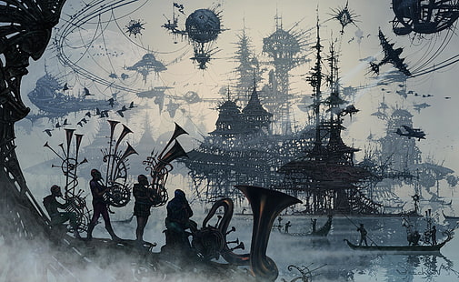 artwork, steampunk, musical instrument, fantasy city, HD wallpaper HD wallpaper