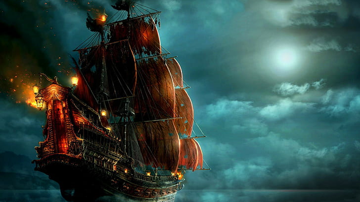 pirates, artwork, night, ship, fantasy art, HD wallpaper
