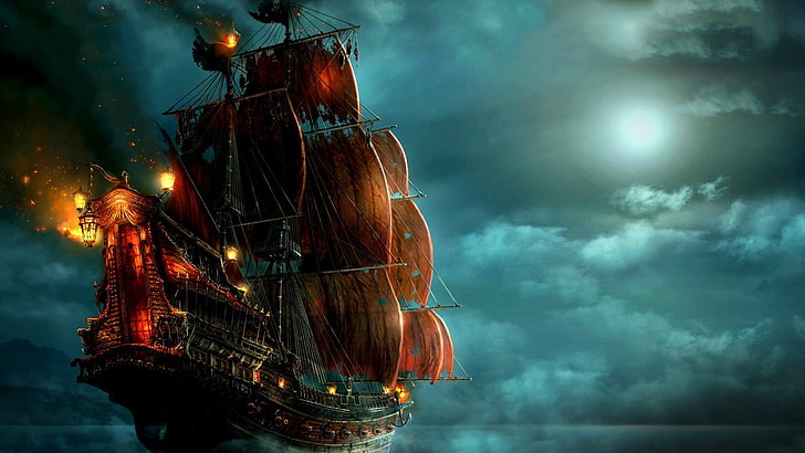 ilustrasi kapal bajak laut hitam dan merah, bajak laut, kapal, malam, kapal layar, seni fantasi, karya seni, Wallpaper HD