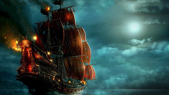 black and red pirate ship illustration, pirates, ship, night, sailing ship, fantasy art, artwork, HD wallpaper HD wallpaper