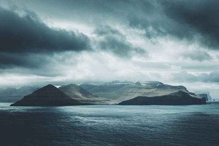 Фарерские острова, дождь, река, туман, горы, шторм, облака, HD обои