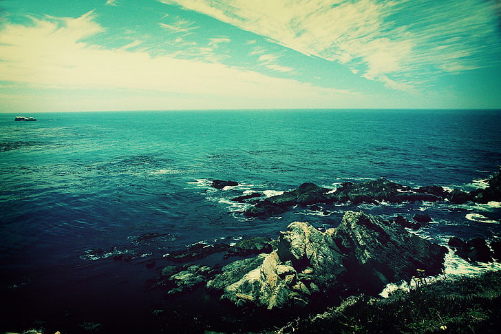 badan air, laut, batu, horizon, pantai, alam, langit, awan, Wallpaper HD