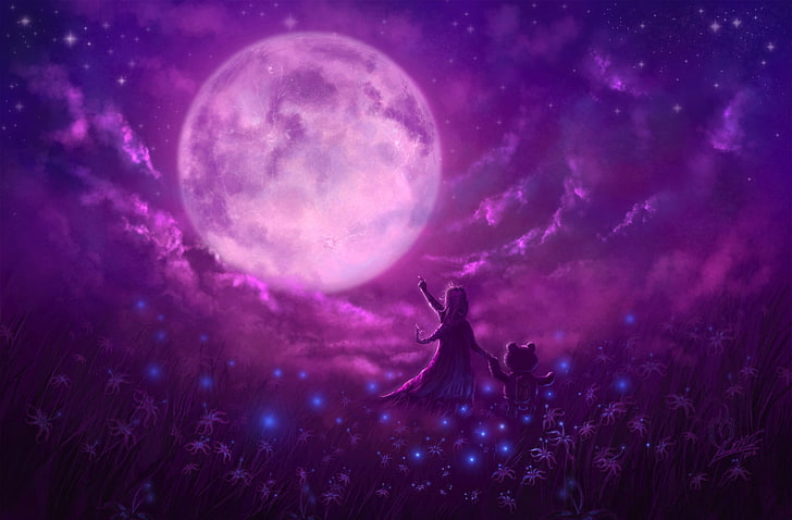 girl and bear with moon background illustration, fantasy art, artwork, love, violet, HD wallpaper