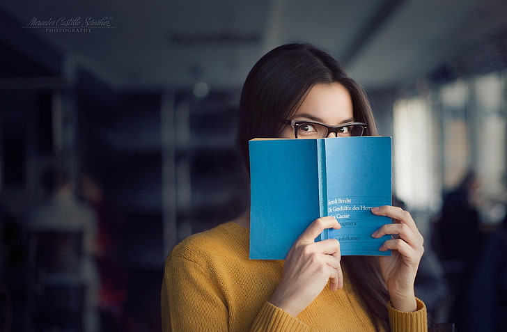 women, books, library, women with glasses, glasses, HD wallpaper