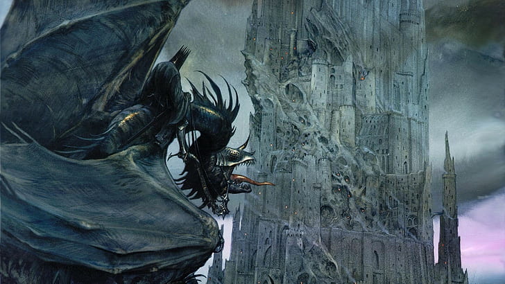 arte de fantasía, lenguas, J. R. R. Tolkien, arte digital, Barad-dûr, dragón, volador, castillo, Brujo de Angmar, El señor de los anillos, Nazgûl, John Howe, Fondo de pantalla HD