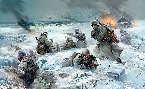 soldiers illustration, war, battle, art, soldiers, the battle, the Germans, the Wehrmacht, WW2, HD wallpaper HD wallpaper