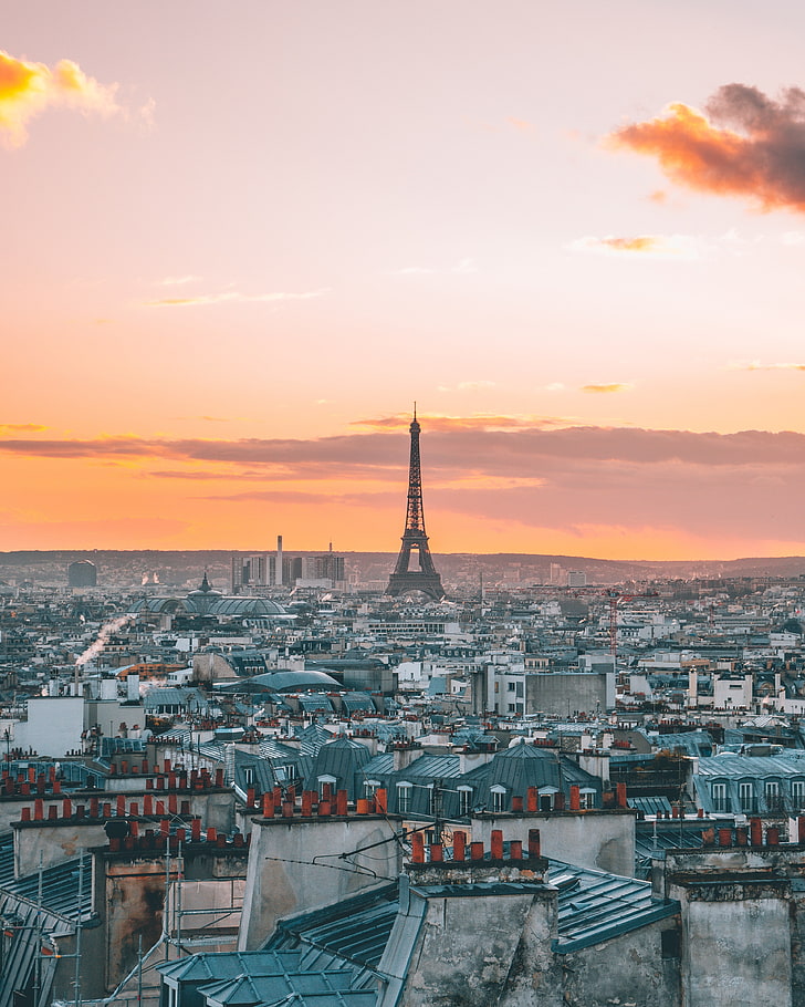 eiffel tower, city, sunset, top view, paris, france, HD wallpaper