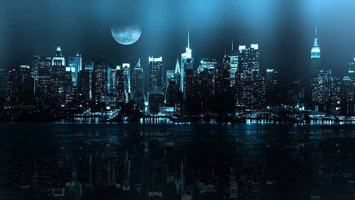 cityscape, Kota New York, Bulan, seni digital, refleksi, Wallpaper HD