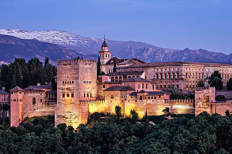 ภูมิประเทศ, ภูเขา, ธรรมชาติ, เมือง, ตอนเย็น, แสง, ป้อม, สถาปัตยกรรม, สเปน, พระราชวัง, กรานาดา, Alhambra, วอลล์เปเปอร์ HD HD wallpaper