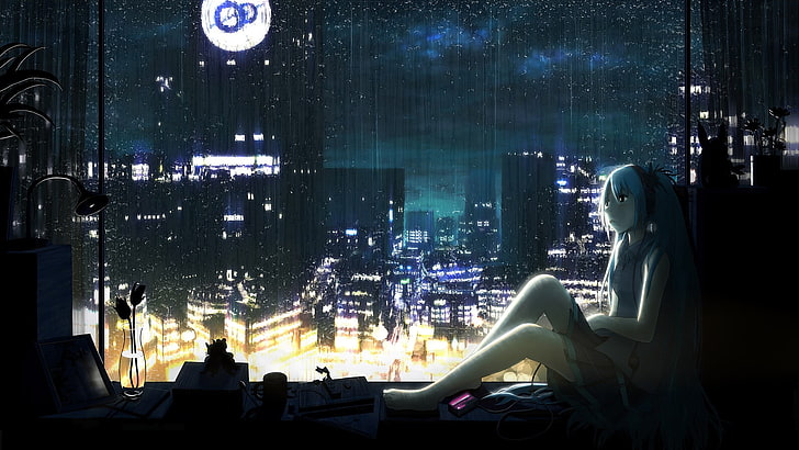 wanita di sebelah wallpaper bangunan, karakter anime wanita duduk di dekat jendela, wanita, Hatsune Miku, kota, musik, hujan, menggambar, futuristik, anime, Vocaloid, gadis anime, malam, Cityscape, Wallpaper HD