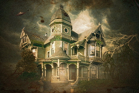 horror, piorun, stary, stary budynek, stare zdjęcia, ufo, Tapety HD HD wallpaper