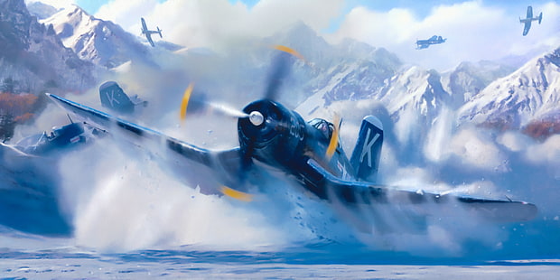 biplano da combattimento in bianco e nero, guerra, arte, pittura, aviazione, seconda guerra mondiale, Vought F4U Corsair, Sfondo HD HD wallpaper
