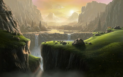artwork of landscape, water falls and mountains, landscape, waterfall, fantasy art, river, mountains, HD wallpaper HD wallpaper