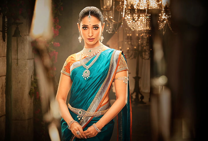 Tamannaah, etnisk klädsel, traditionell, Saree, sydindisk, skådespelerska, 4K, HD tapet