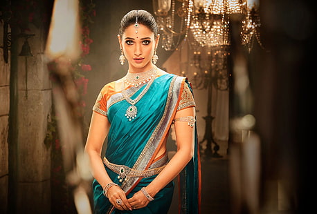 Tamannaah, เสื้อผ้าประจำชาติ, แบบดั้งเดิม, สารี, อินเดียใต้, นักแสดงหญิง, 4K, วอลล์เปเปอร์ HD HD wallpaper