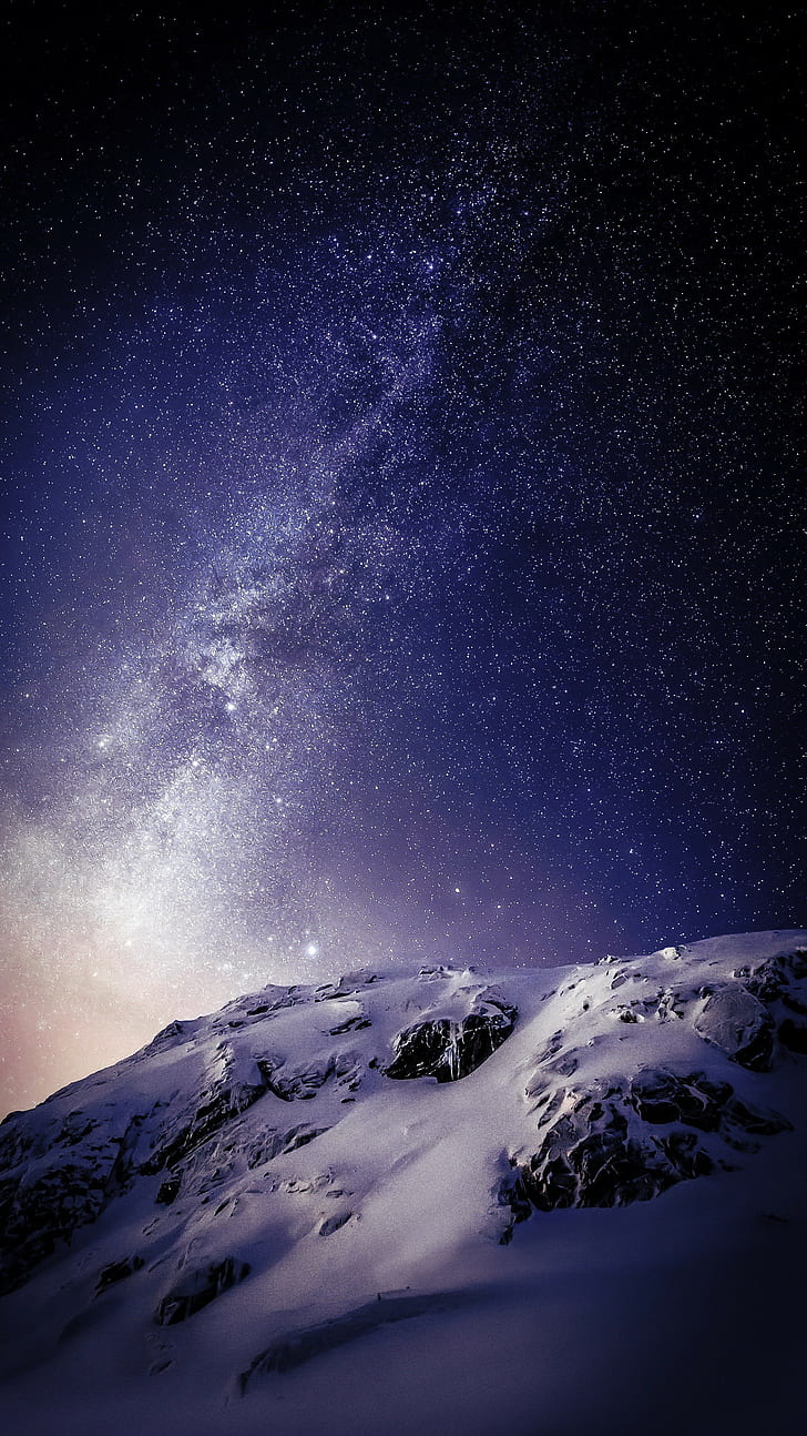 visualizzazione verticale, notte, montagne, edito, iOS, cielo, neve, Sfondo HD, sfondo telefono
