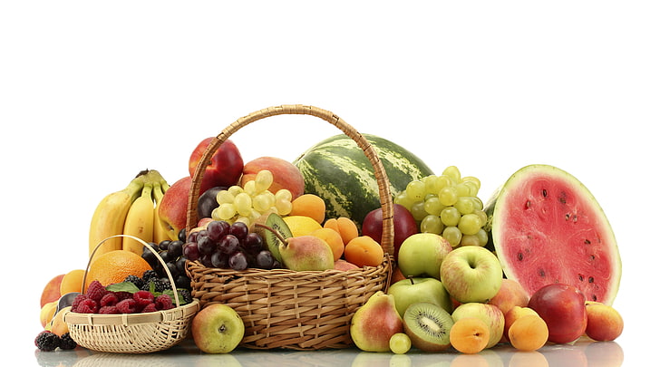 assorted fruits with basket, berries, raspberry, basket, apples, oranges, watermelon, kiwi, blueberries, grapes, bananas, fruit, peaches, pear, HD wallpaper