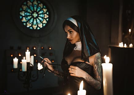 сандък, момиче, модел, свещи, татуировка, изображение, монахиня, Луи Наварски, Анна Сахаров, HD тапет HD wallpaper