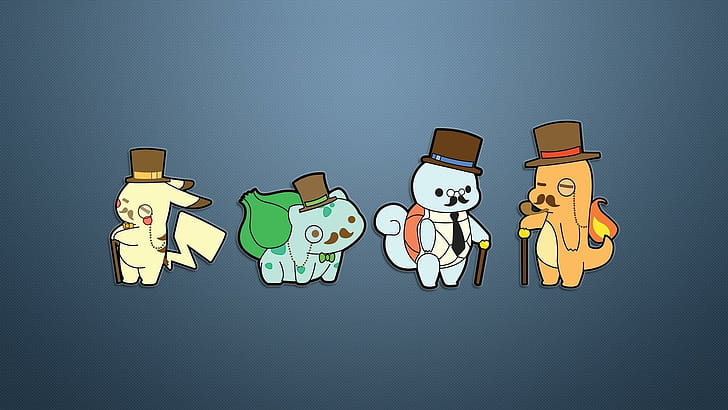 Gentleman Pokemon, pokemon characters, funny, 1920x1080, bulbasaur, pokemon, pikachu, squirtle, charmander, HD wallpaper