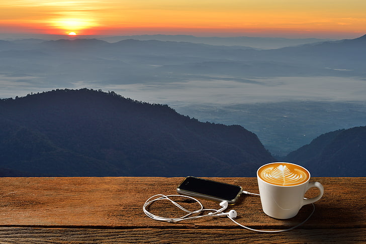 smartphone Android hitam dan mug keramik putih, fajar, kopi, pagi, cangkir, panas, cangkir kopi, selamat pagi, Wallpaper HD