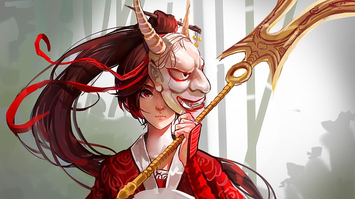 червенокос женски аниме герой, носещ маска Oni, държащ златно копие цифров тапет, жени, компютърни игри, League of Legends, Akali, аниме момичета, HD тапет