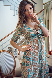 women's teal and gray elbow-sleeved dress, Mila Azul, model, dress, HD wallpaper HD wallpaper