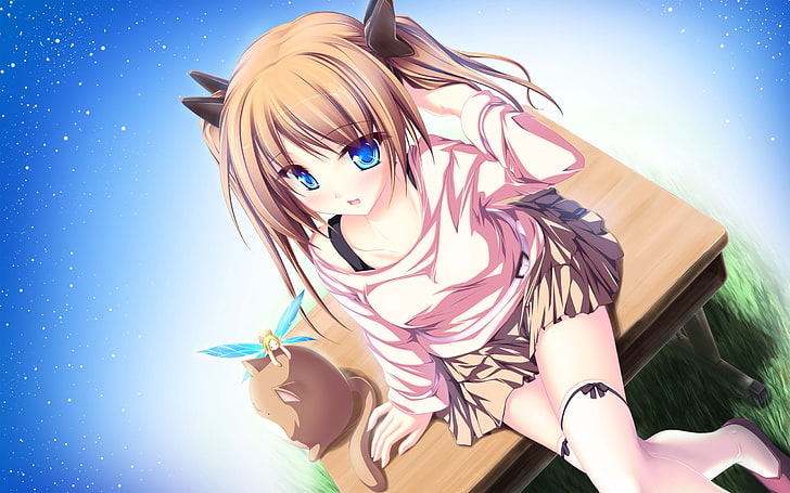 Ilustração de menina anime de cabelos castanhos, anime, menina, gato, elfo, brilho, HD papel de parede