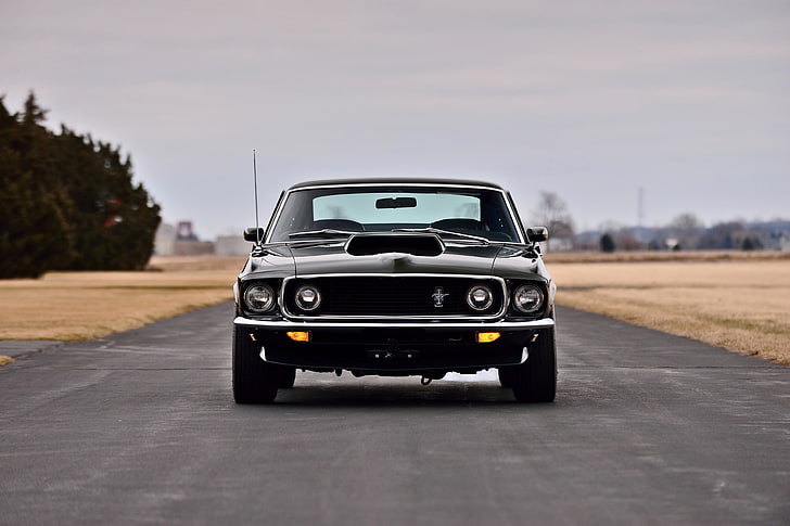 Ford Mustang 1969, nero, vista frontale, muscolo, automobili, veicolo, Sfondo HD