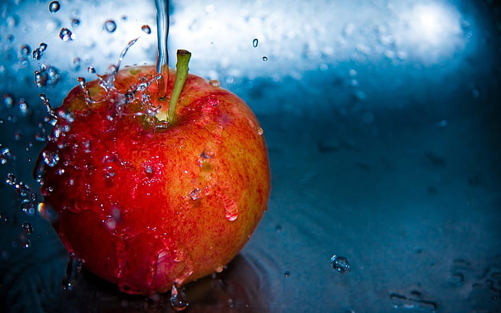 Manzana roja, gotas de agua, salpicaduras, fruta de manzana roja, rojo, manzana, agua, gotas, salpicaduras, Fondo de pantalla HD