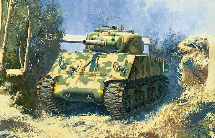 коричневая иллюстрация танка Шерман Джамбо, танк, США, средний, Шерман, WW2., Тихий океан, гаубица, 105 мм, HD обои