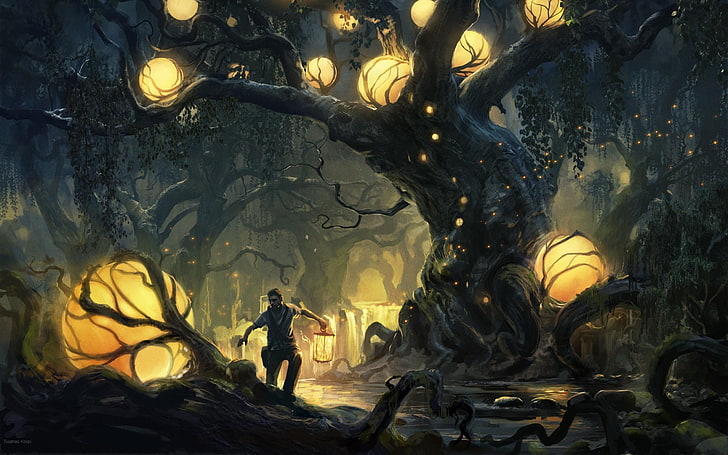 lukisan manusia di samping pohon, seni fantasi, hutan, Wallpaper HD
