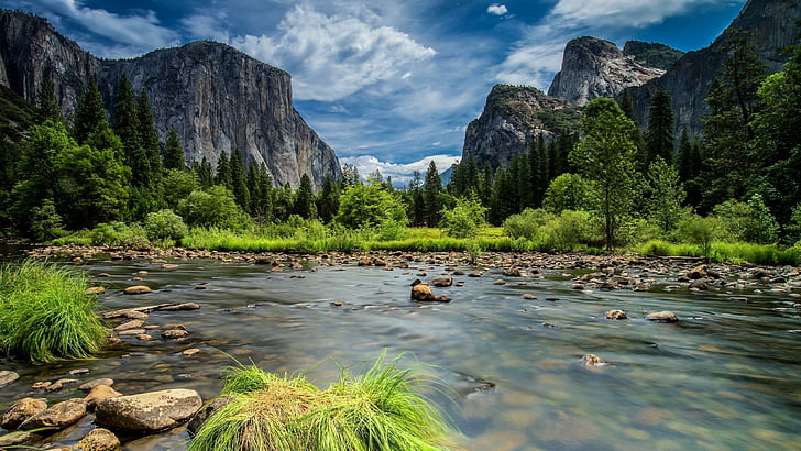 niebo, Chmura, drzewa, sosna, trawa, Klif, rzeka, skały, koryto rzeki, Park Narodowy, California, góry, czysty, Sierra Nevada, USA, Stany Zjednoczone, Park Narodowy Yosemite, Yosemite, Tapety HD