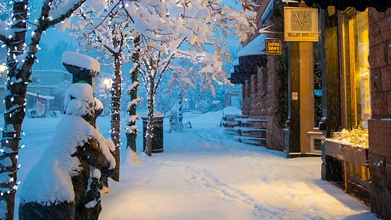 nieve, invierno, calle, congelación, hielo, árbol, noche, escarcha, luces de navidad, álamo temblón, colorado, estados unidos, navidad, navidad, Fondo de pantalla HD HD wallpaper