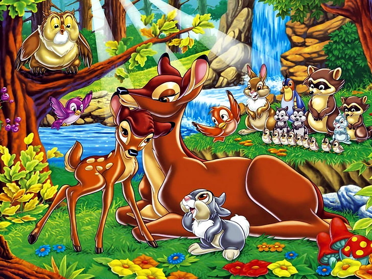 Disney Jungle Wallpaper, ilustracja brązowego jelenia, kreskówki`` zwierzęta, rysunek, Tapety HD